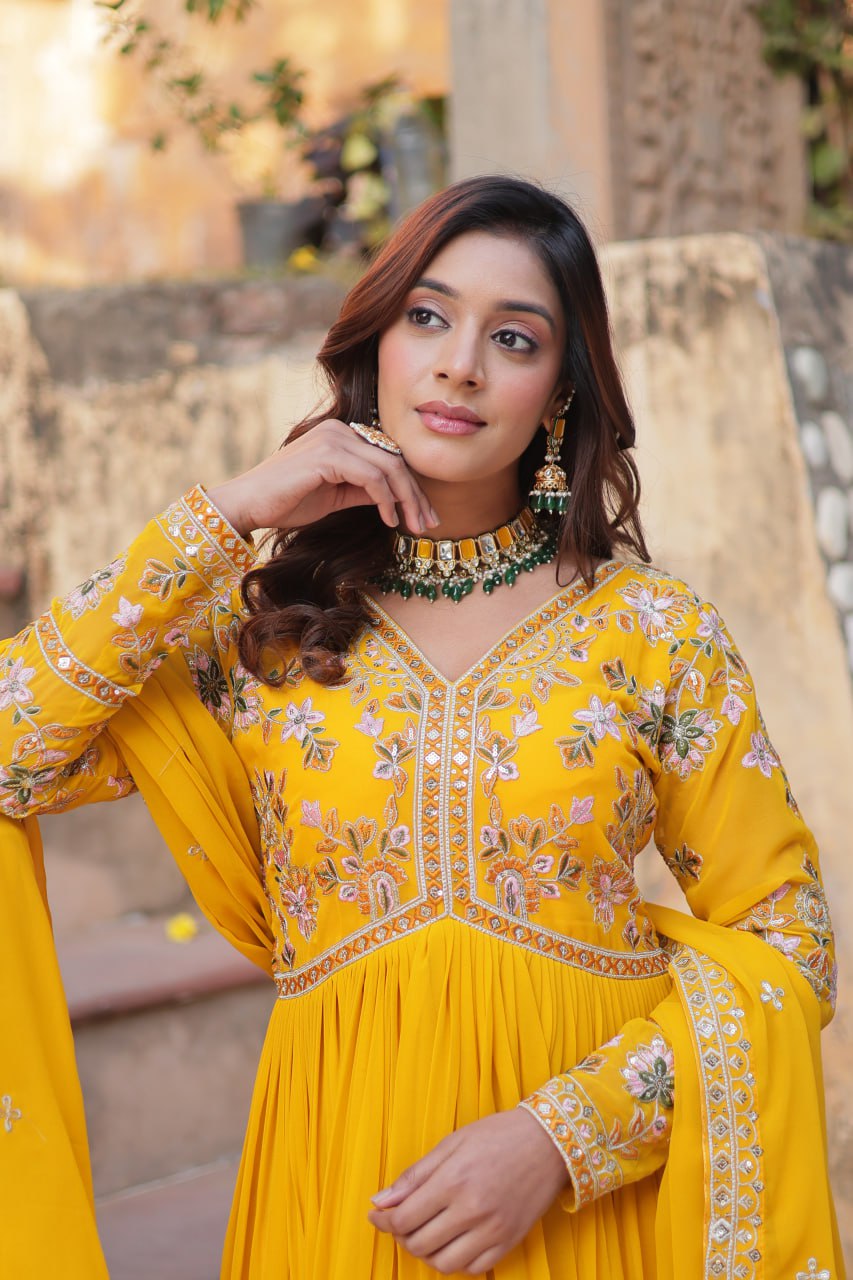 Yellow Color Blooming Fabric with Embroidery Work Gown Set