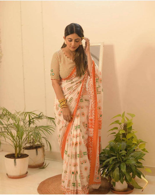 White Lilen Printed Saree – Classy Digital Design for All Occasions