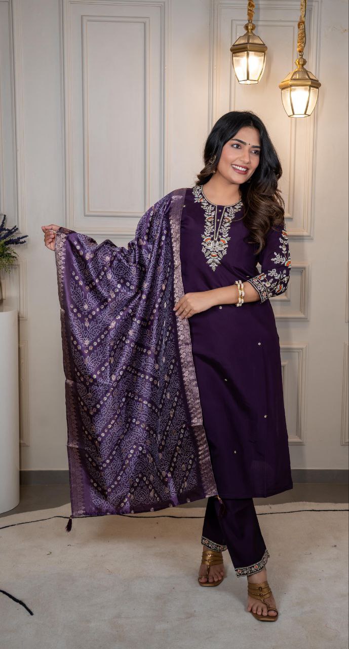 Dark Purple Color Embroidery work Kurti With Bandhani Print Dupatta Set