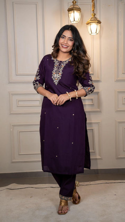 Dark Purple Color Embroidery work Kurti With Bandhani Print Dupatta Set