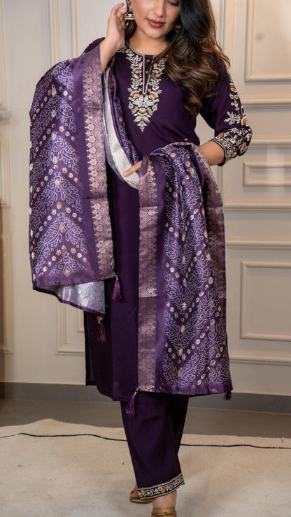 Dark Purple Color Embroidery work Kurti With Bandhani Print Dupatta Set