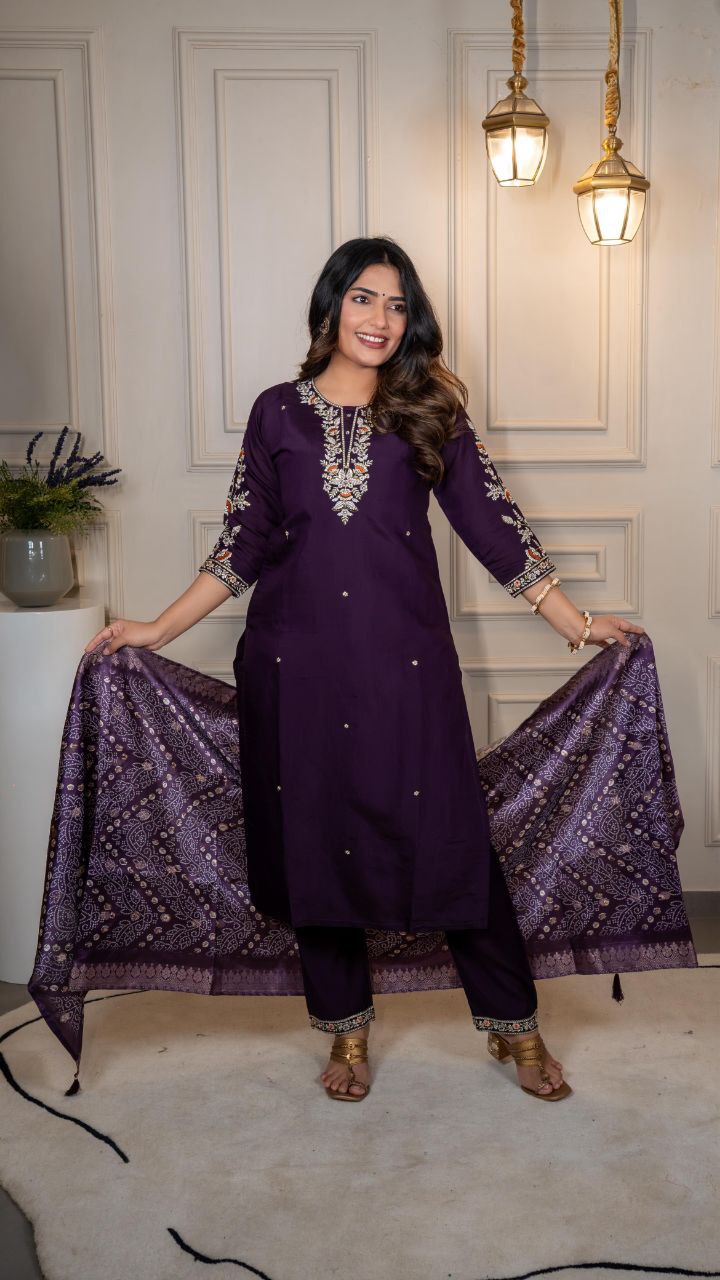 Dark Purple Color Embroidery work Kurti With Bandhani Print Dupatta Set