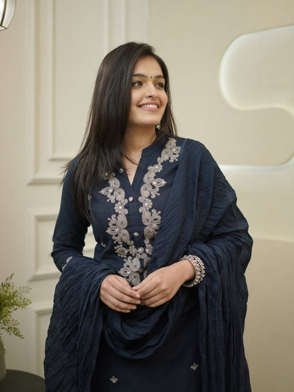 WOMEN PURE VISCOSE REYON SLUB EMBROIDERED KURTA SET