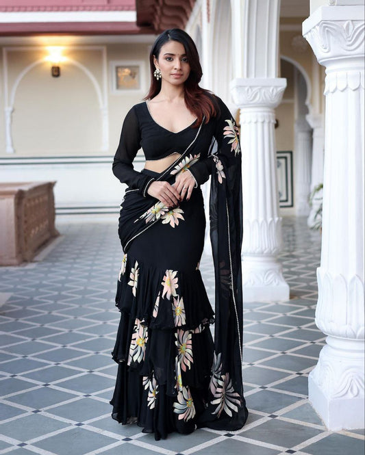 Black Georgette Ruffle Ready To Wear Saree With Readymade Blouse