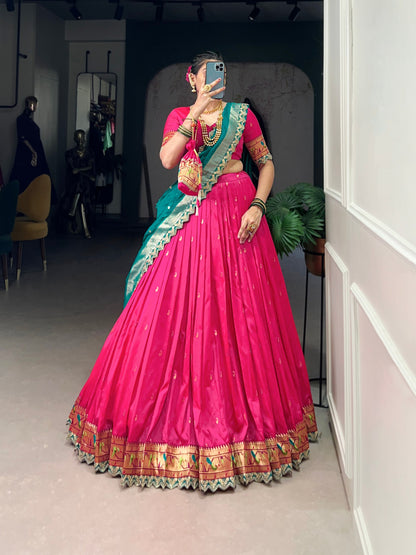 Pink Paithani Jacquard Silk Lehenga with Embroidery Work