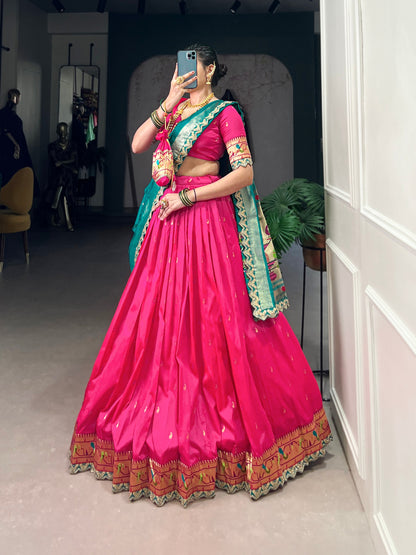 Pink Paithani Jacquard Silk Lehenga with Embroidery Work
