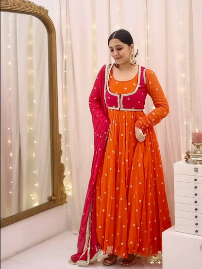 Royal Orange Heavy Georgette Suit with Koti Pant & Dupatta