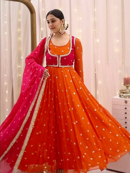 Royal Orange Heavy Georgette Suit with Koti Pant & Dupatta