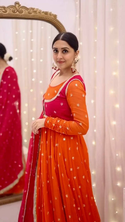 Royal Orange Heavy Georgette Suit with Koti Pant & Dupatta