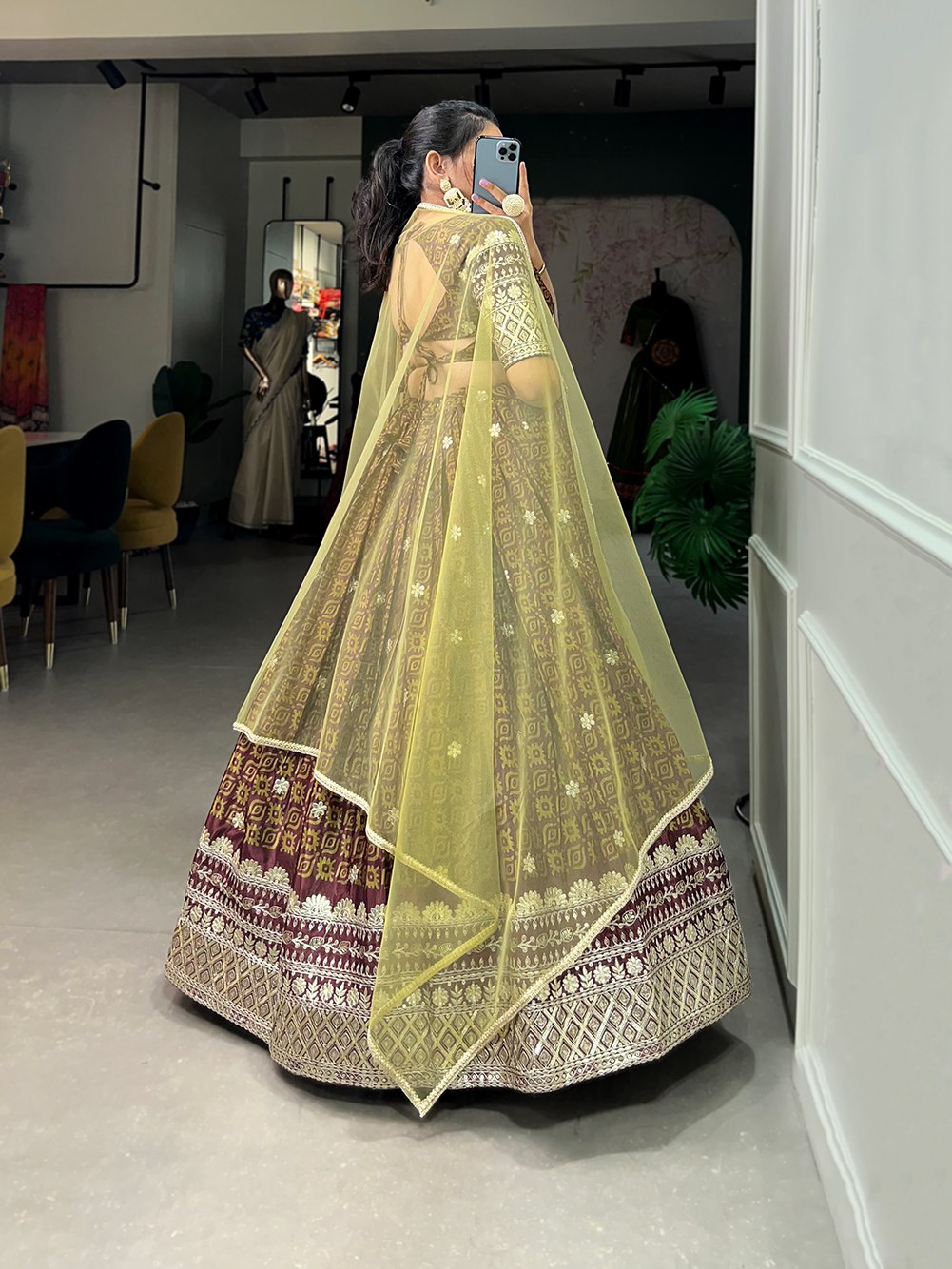 Elegant Brown & Pista Chinon Fabric with Sequin Embroidery Work