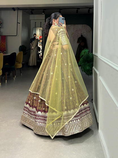 Elegant Brown & Pista Chinon Fabric with Sequin Embroidery Work