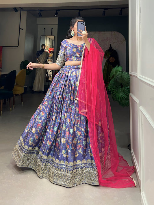 Blue and Pink Stitched Lehenga Set with Heavy Flair & Embellished Work