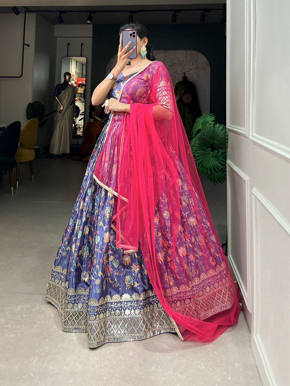 Blue and Pink Stitched Lehenga Set with Heavy Flair & Embellished Work