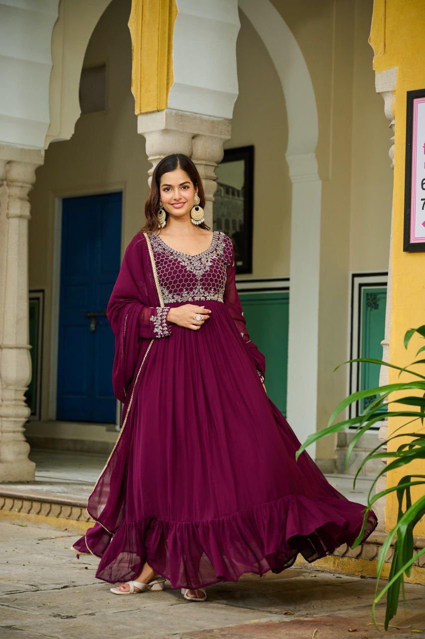 Wine Color Faux Blooming Beads Embroidered Gown