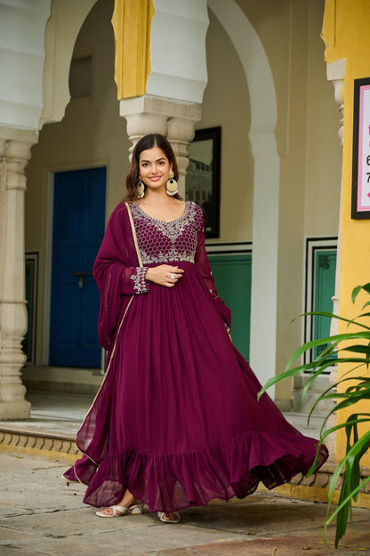 Wine Color Faux Blooming Beads Embroidered Gown