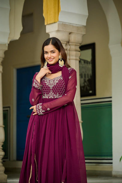 Wine Color Faux Blooming Beads Embroidered Gown