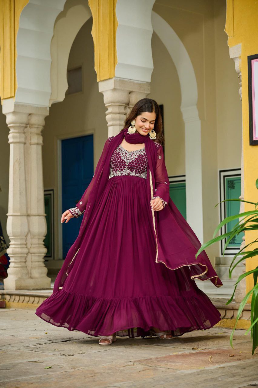 Wine Color Faux Blooming Beads Embroidered Gown
