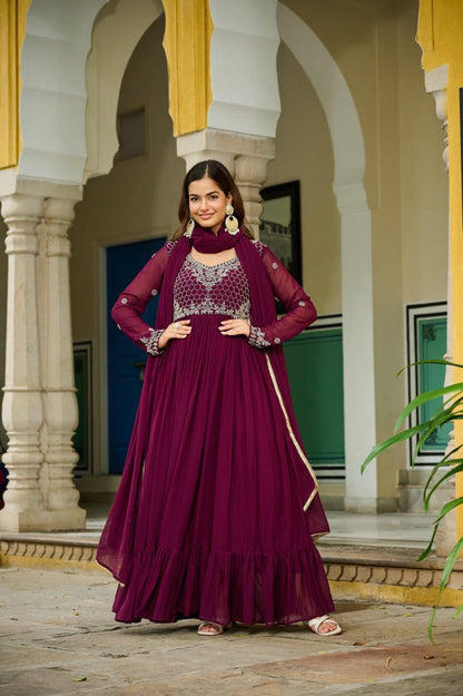 Wine Color Faux Blooming Beads Embroidered Gown