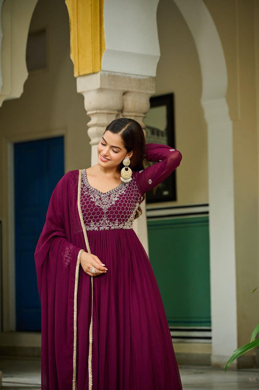 Wine Color Faux Blooming Beads Embroidered Gown