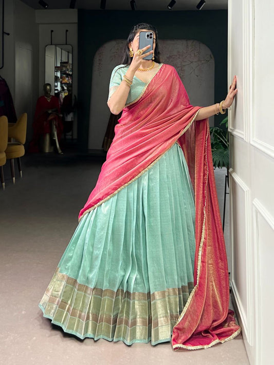 Sky Blue Dupion Silk Lace Zari Work Lehenga Choli