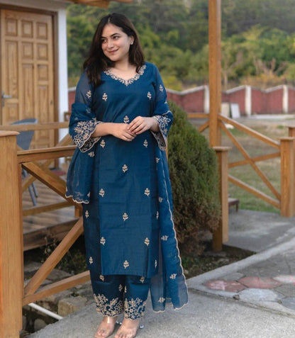 Premium Blue Chanderi Embroidered Suit Set