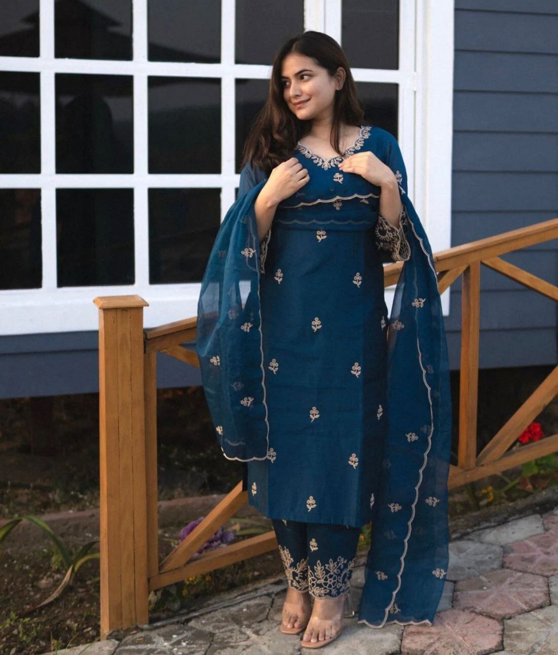 Premium Blue Chanderi Embroidered Suit Set