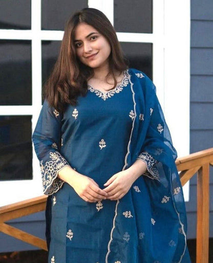 Premium Blue Chanderi Embroidered Suit Set