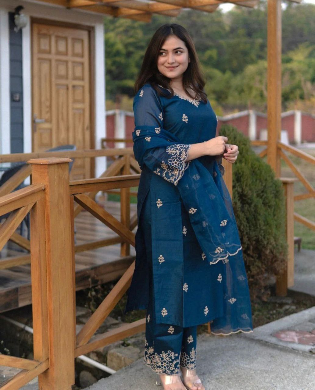 Premium Blue Chanderi Embroidered Suit Set