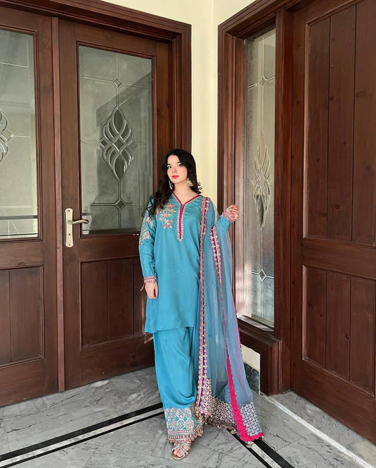 Elagance Sky Blue Natural Scrap With Embroidery work Pallazo & Dupatta Set