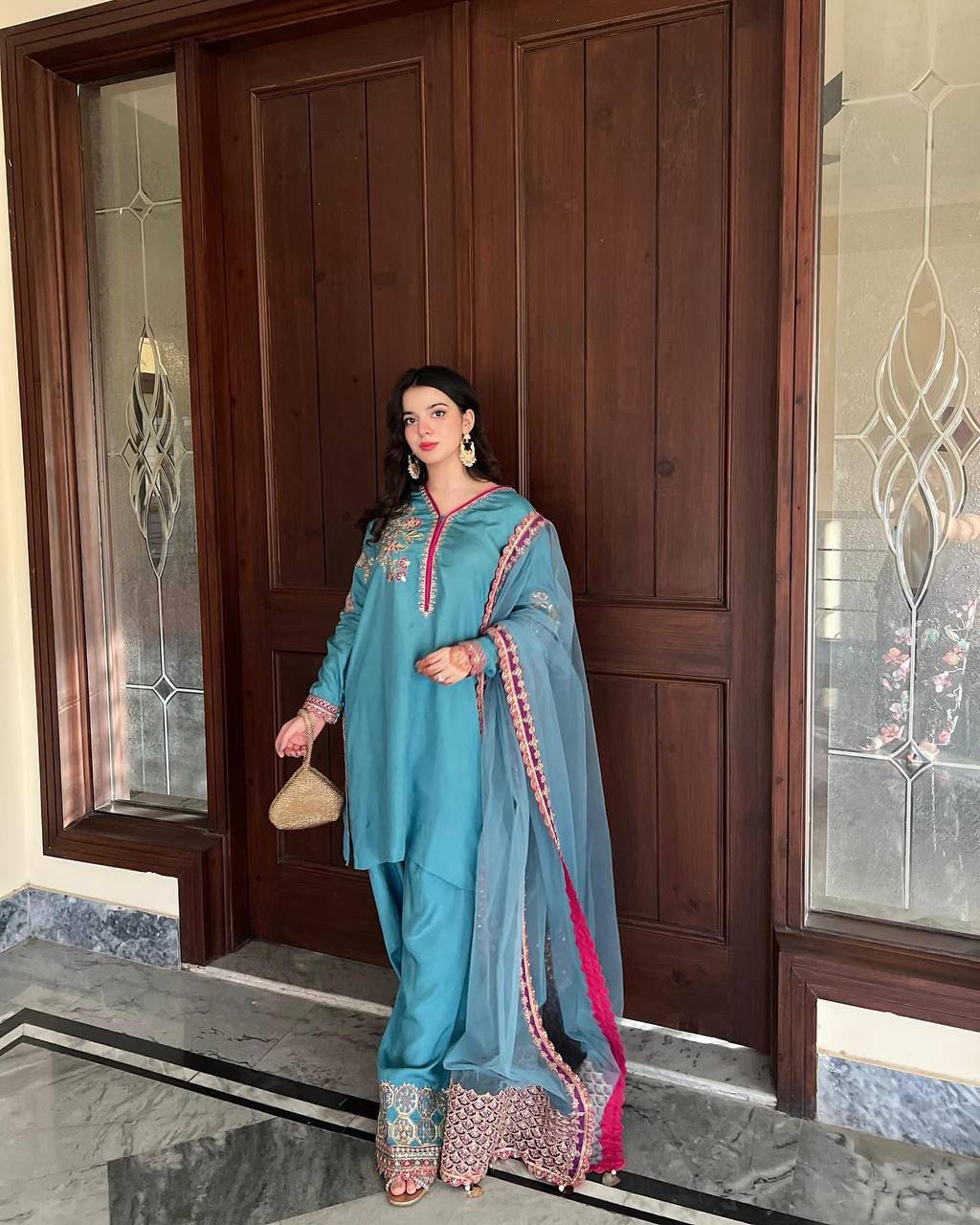 Elagance Sky Blue Natural Scrap With Embroidery work Pallazo & Dupatta Set