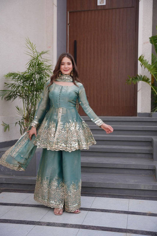 Festive Sea Green Embroidered Sharara Suit with Dupatta