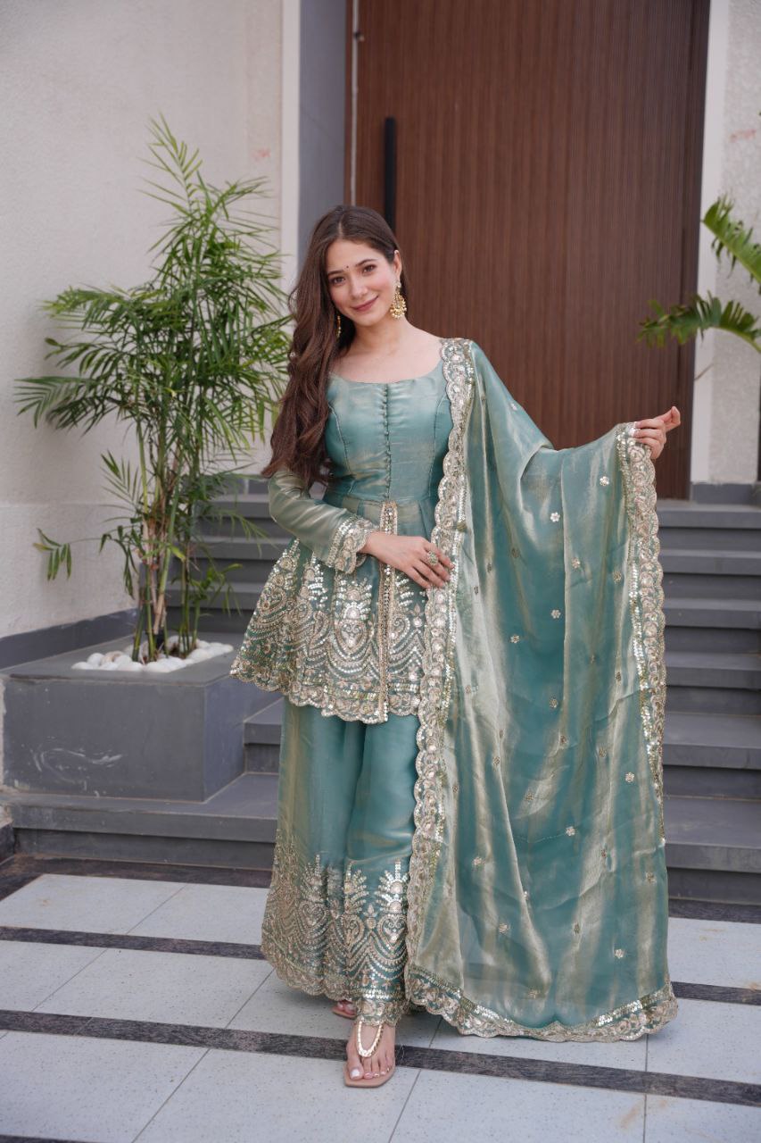 Festive Sea Green Embroidered Sharara Suit with Dupatta