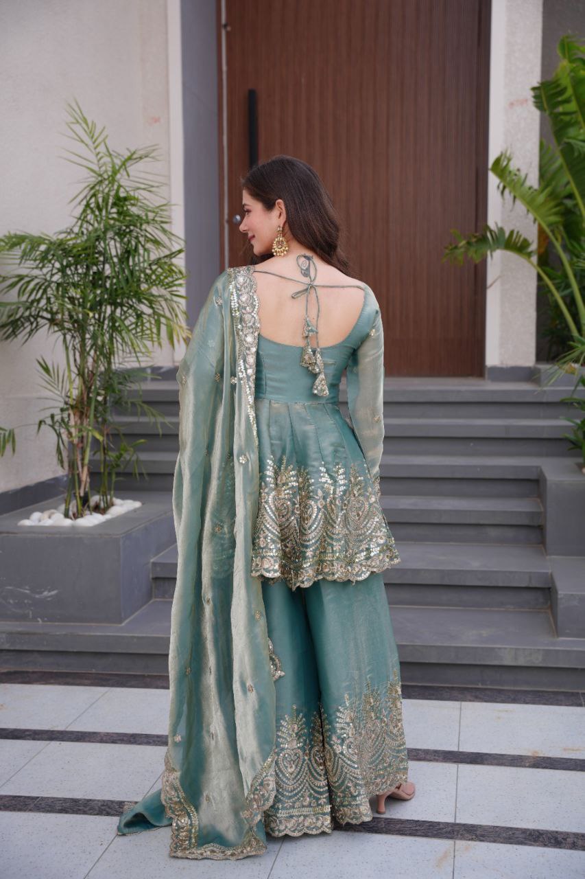 Festive Sea Green Embroidered Sharara Suit with Dupatta