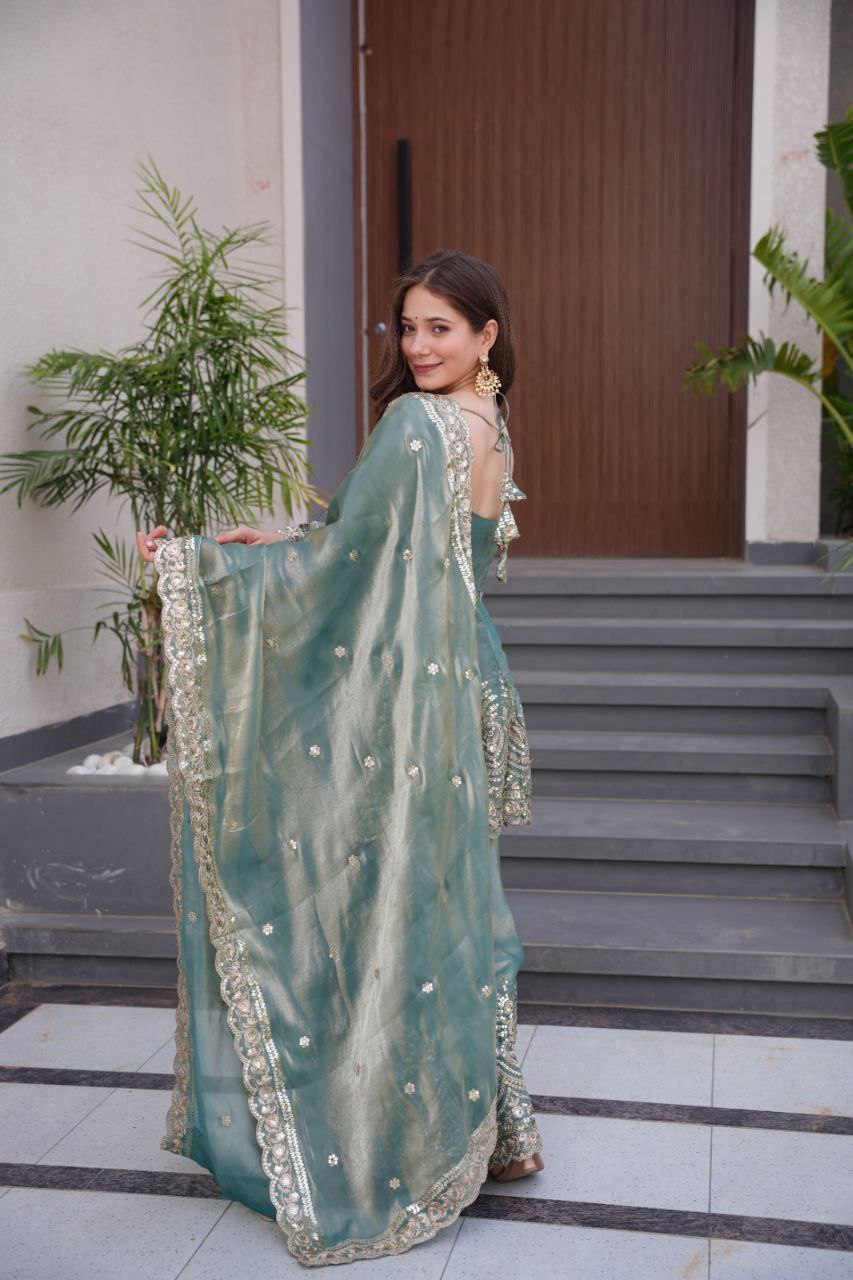 Festive Sea Green Embroidered Sharara Suit with Dupatta