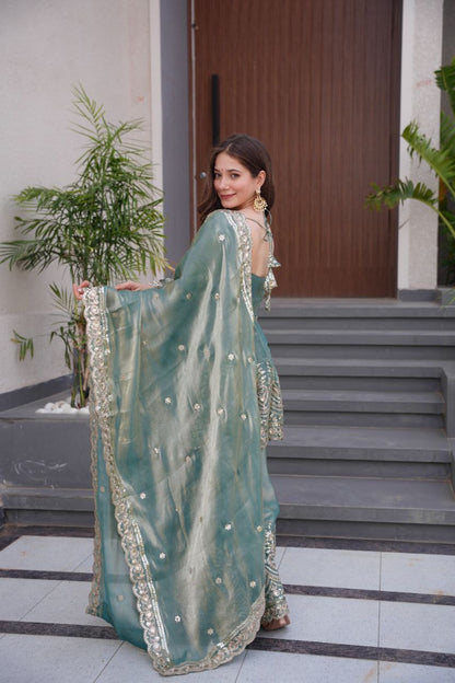 Festive Sea Green Embroidered Sharara Suit with Dupatta