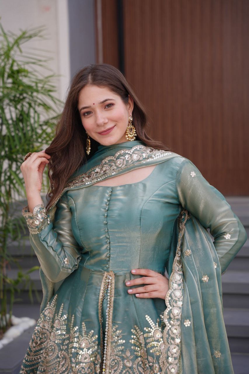 Festive Sea Green Embroidered Sharara Suit with Dupatta