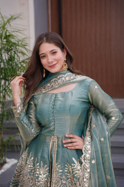 Festive Sea Green Embroidered Sharara Suit with Dupatta