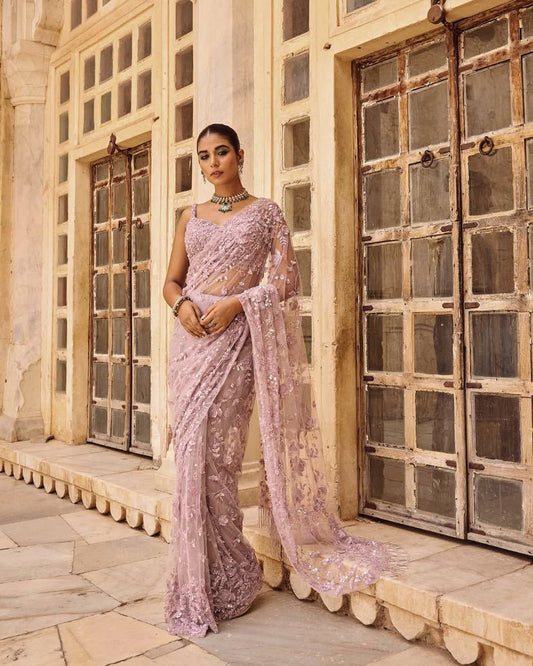 Pink Mono Net Fabric with Stunning Sequence Embroidery