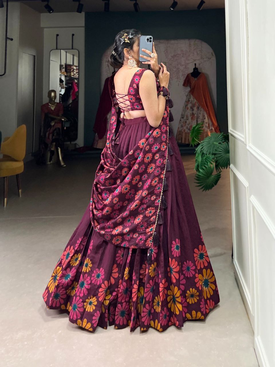 Elagance Wine Tussar Silk Floral Printed Lehenga Choli
