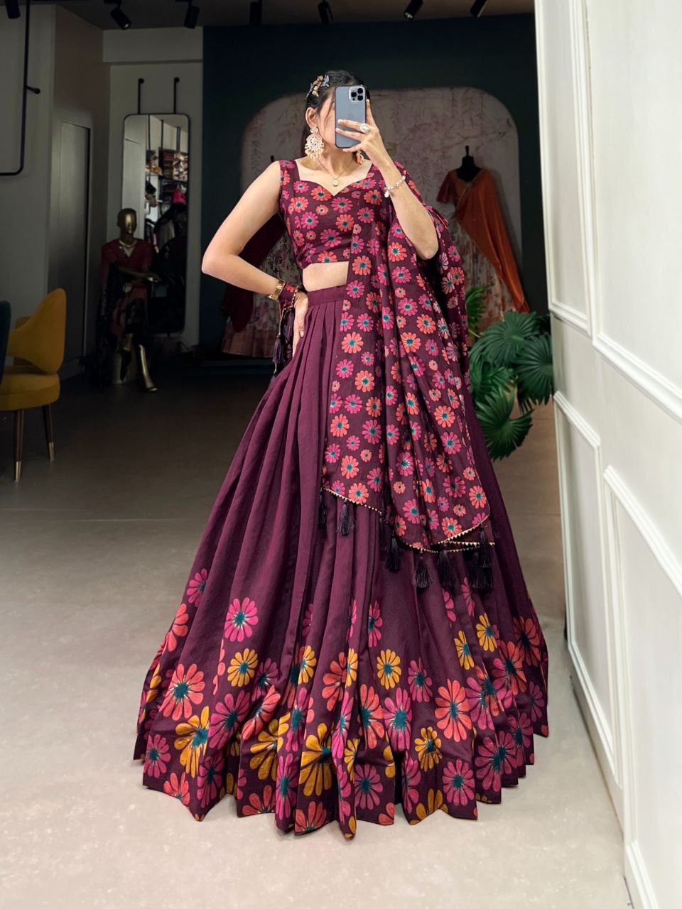 Elagance Wine Tussar Silk Floral Printed Lehenga Choli