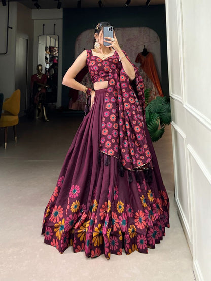Elagance Wine Tussar Silk Floral Printed Lehenga Choli