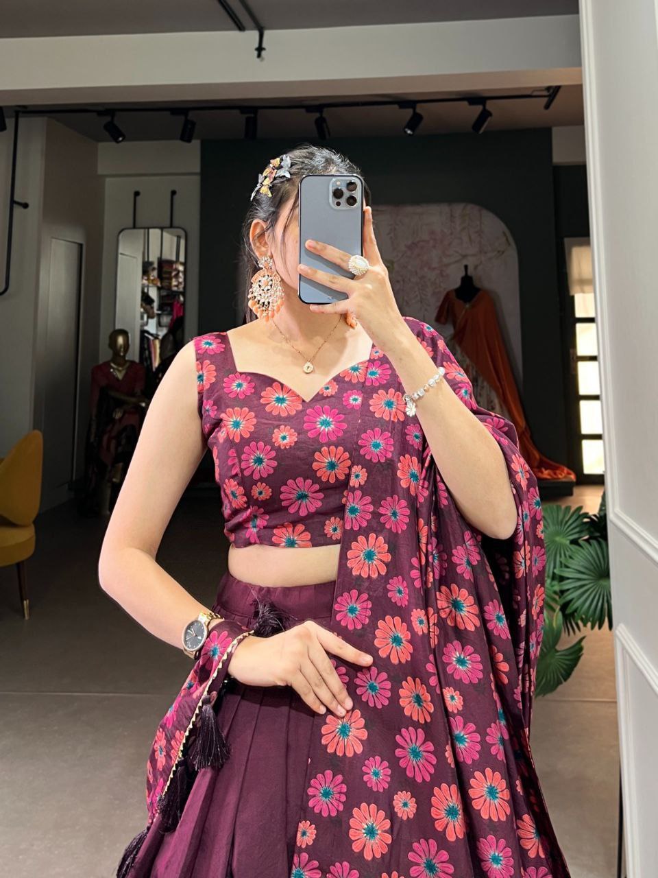 Elagance Wine Tussar Silk Floral Printed Lehenga Choli