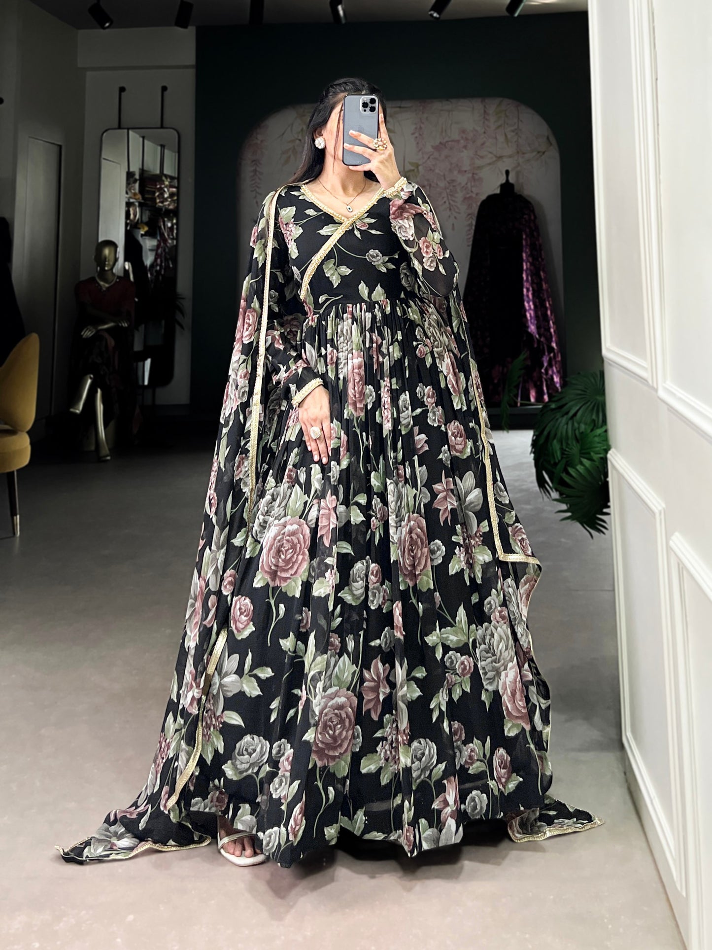 Black Color Marbel Fabric With Floral Print Gown Set