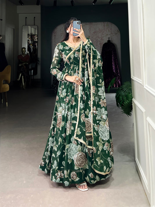 Green Color Marbel Fabric With Floral Print Gown Set