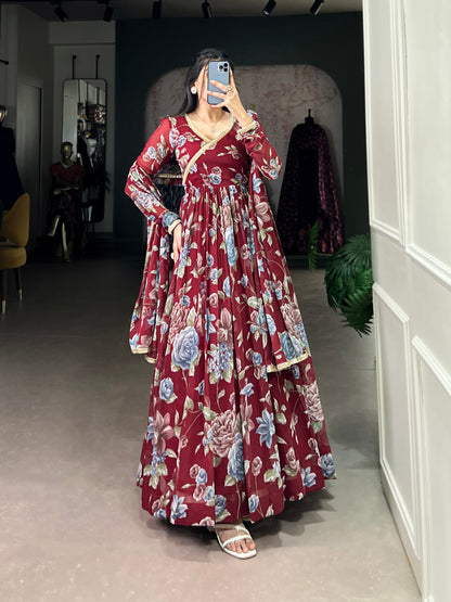 Red Color Marbel Fabric With Floral Print Gown Set