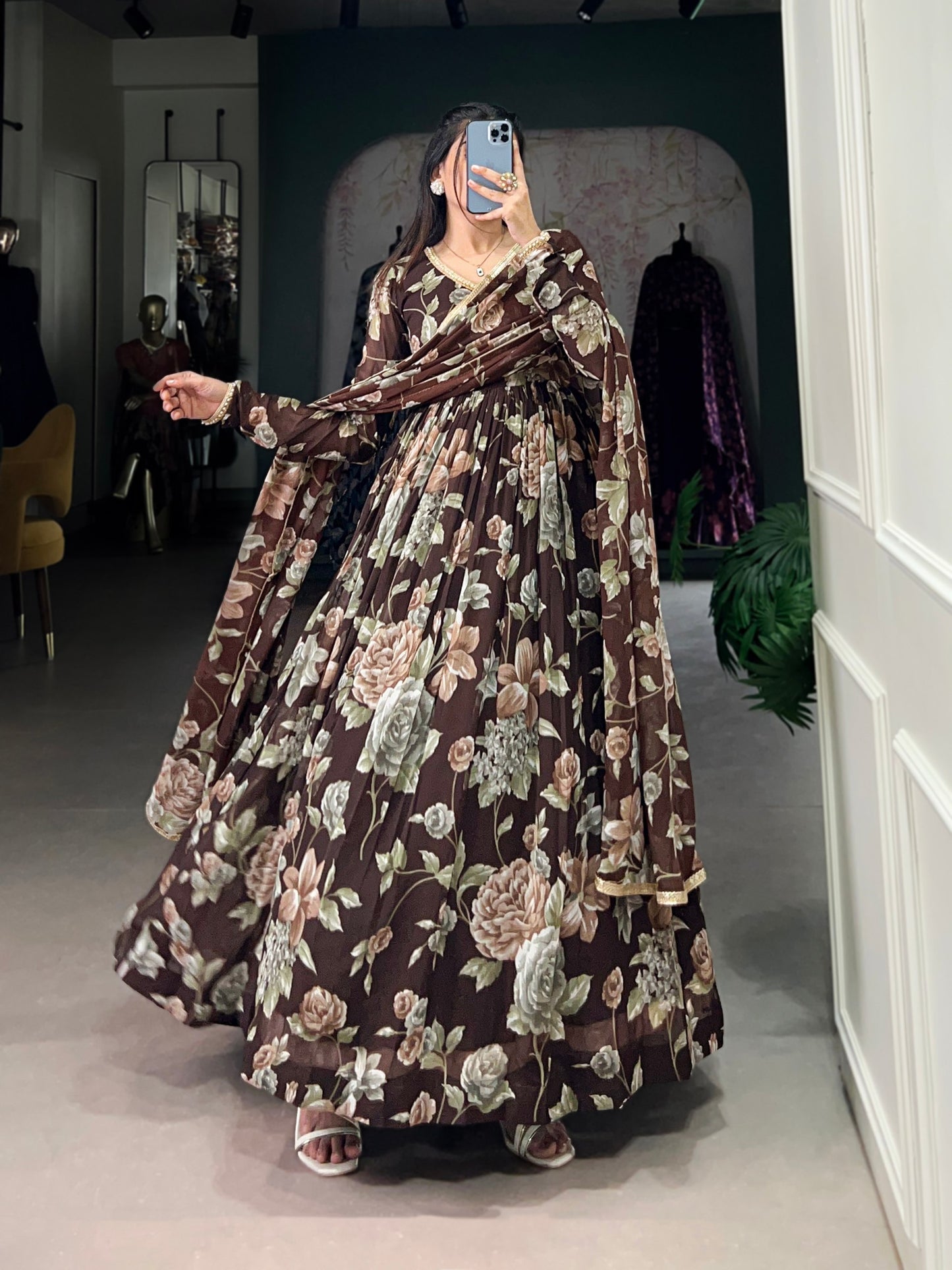 Brown Color Marbel Fabric With Floral Print Gown Set