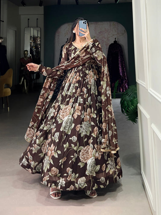 Brown Color Marbel Fabric With Floral Print Gown Set