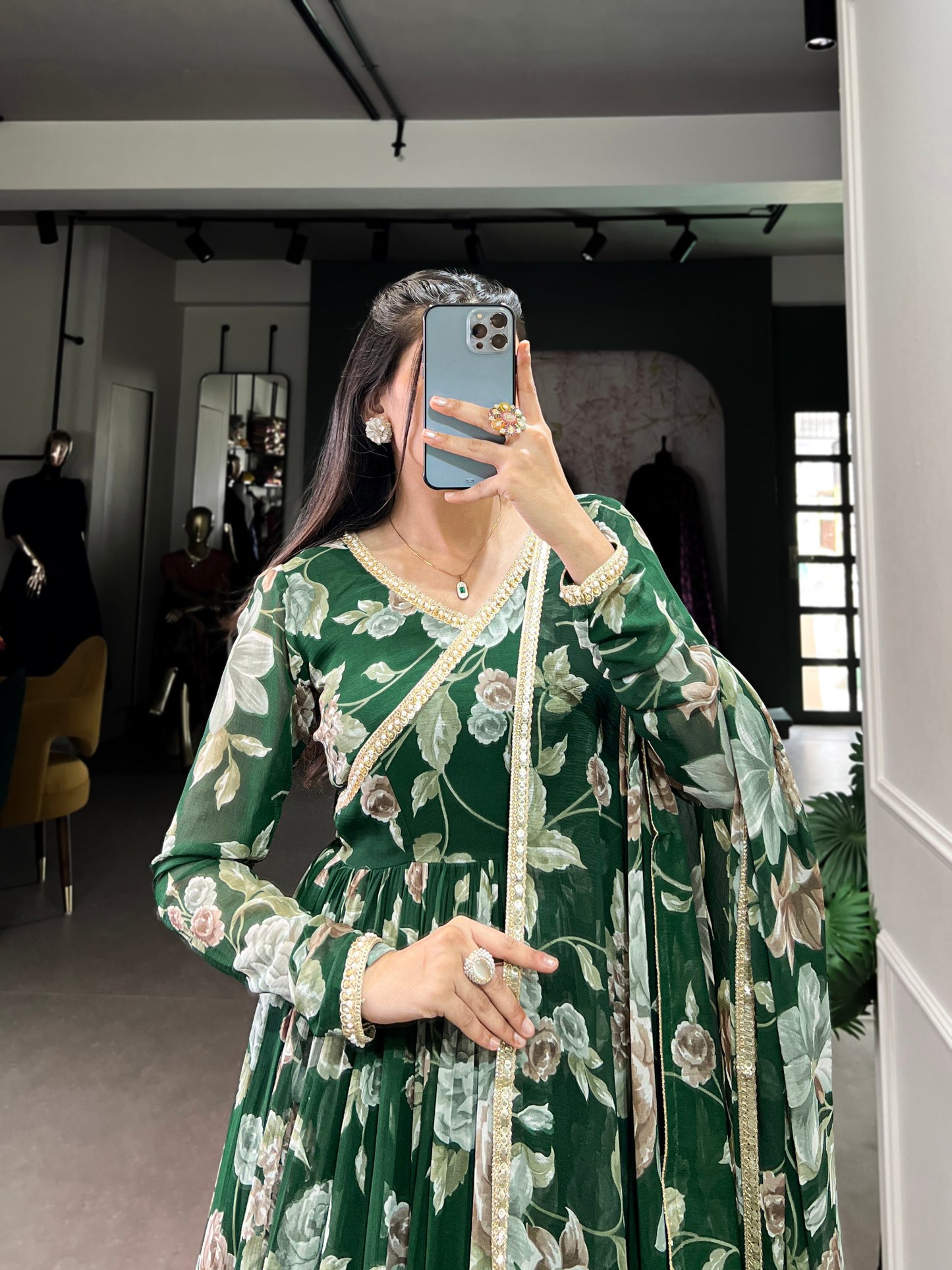 Green Color Marbel Fabric With Floral Print Gown Set