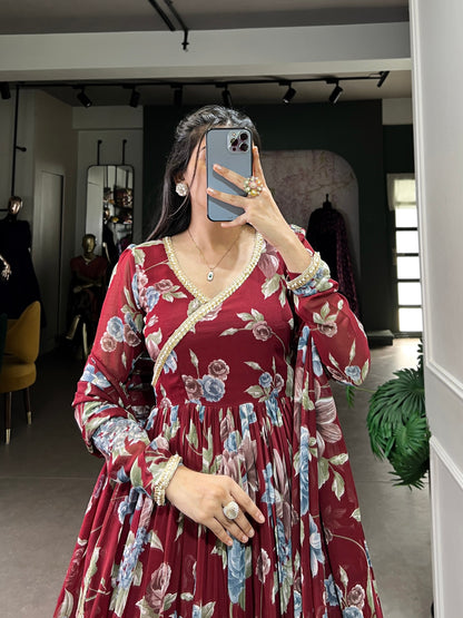 Red Color Marbel Fabric With Floral Print Gown Set