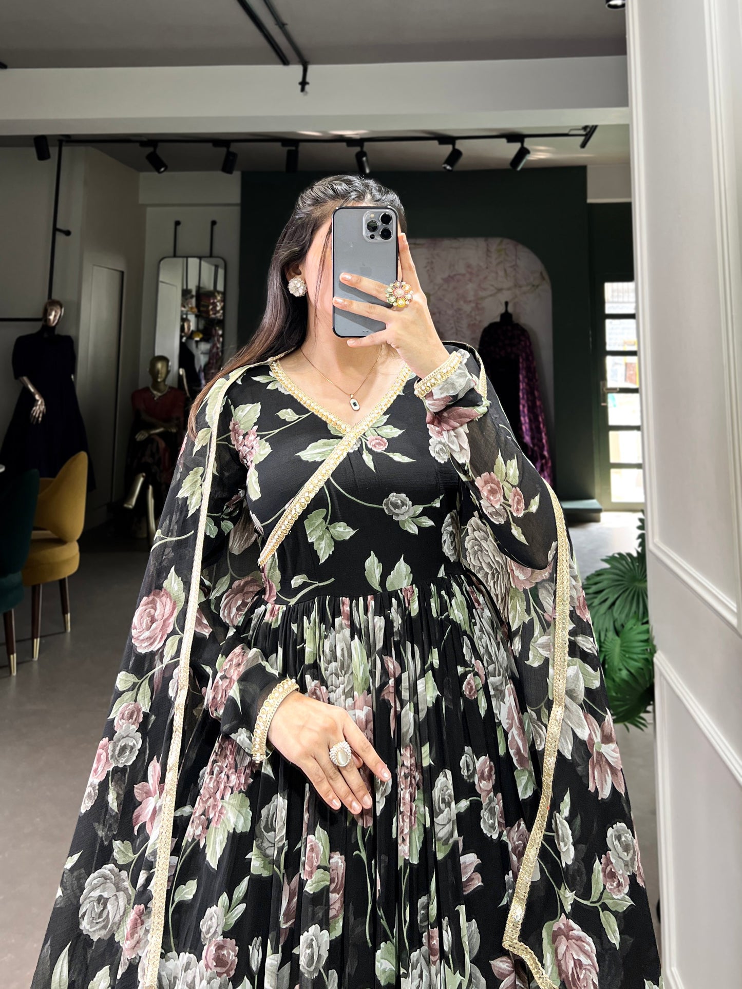 Black Color Marbel Fabric With Floral Print Gown Set
